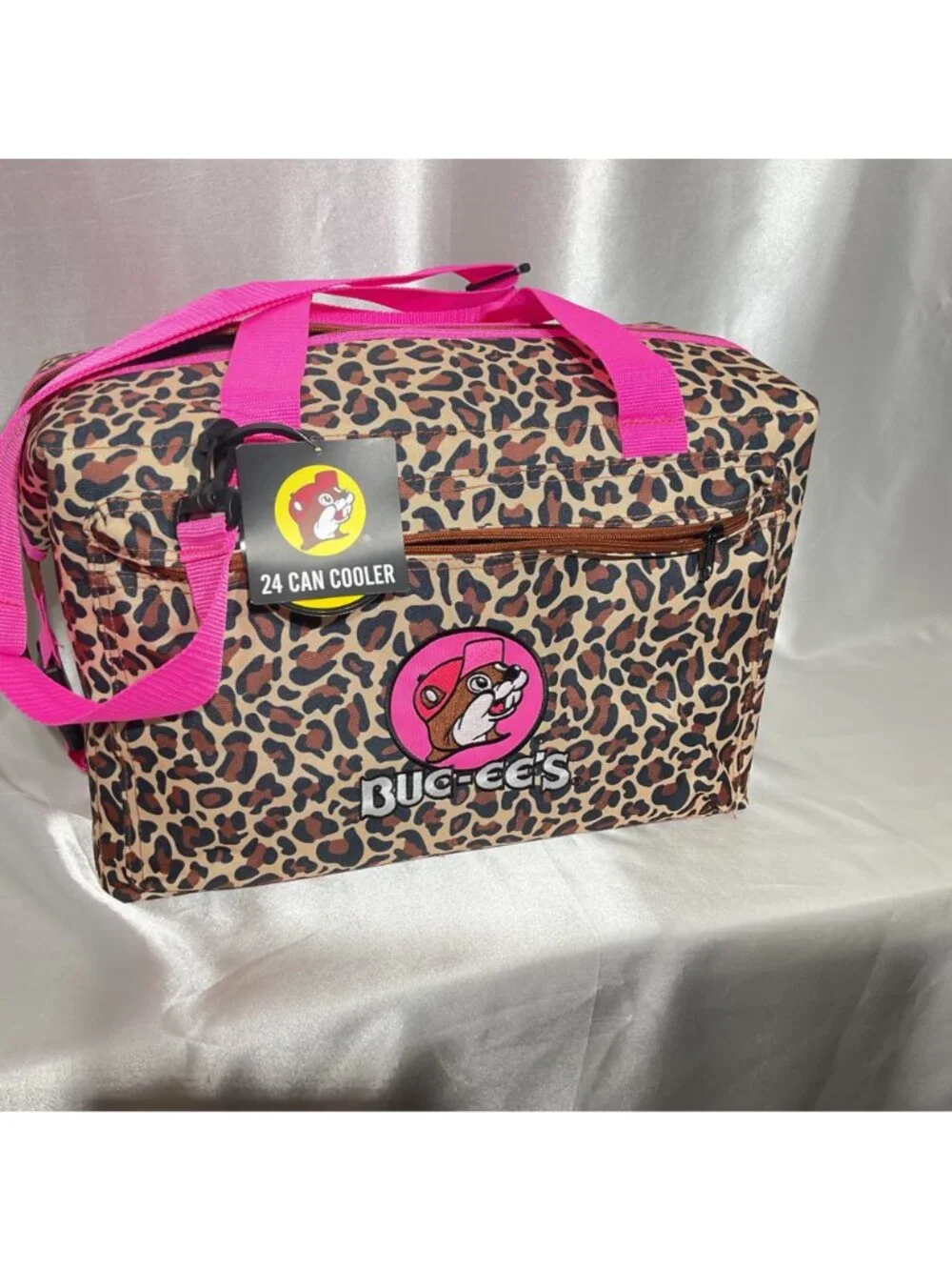 Buc-ees Leopard Print 24-Can Cooler Bag With Pink Handles Insulated Design Zippe - Picture 9 of 9